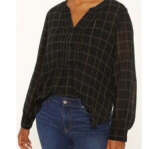 GAP sz XXL Womens Black Sheer Windowpane Pintuck Button Tunic Top Casual Gingham